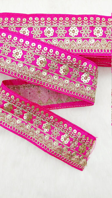 Art Silk Fabric Trim With Gold Floral Embroidery, Floral Sequins Sari Border, Trim By 9 Yards